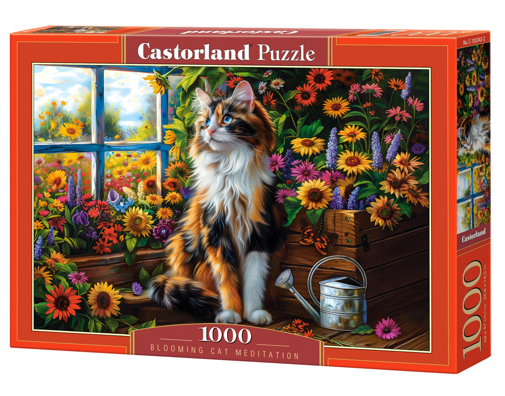 1000 Piece Jigsaw Puzzle, Blooming Cat Meditation, Cat puzzle, Flower scenery, Charming view, Adult Puzzle, Castorland C-105342-2 Bridge Toys - Premium Jigsaw Puzzles
