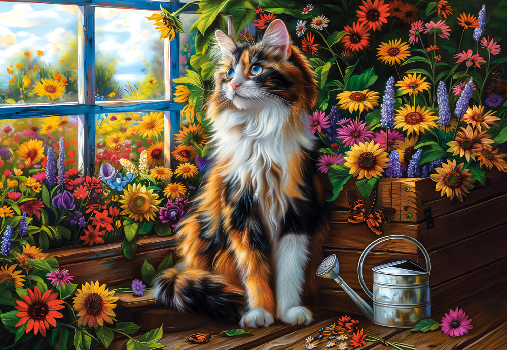 1000 Piece Jigsaw Puzzle, Blooming Cat Meditation, Cat puzzle, Flower scenery, Charming view, Adult Puzzle, Castorland C-105342-2 Bridge Toys - Premium Jigsaw Puzzles