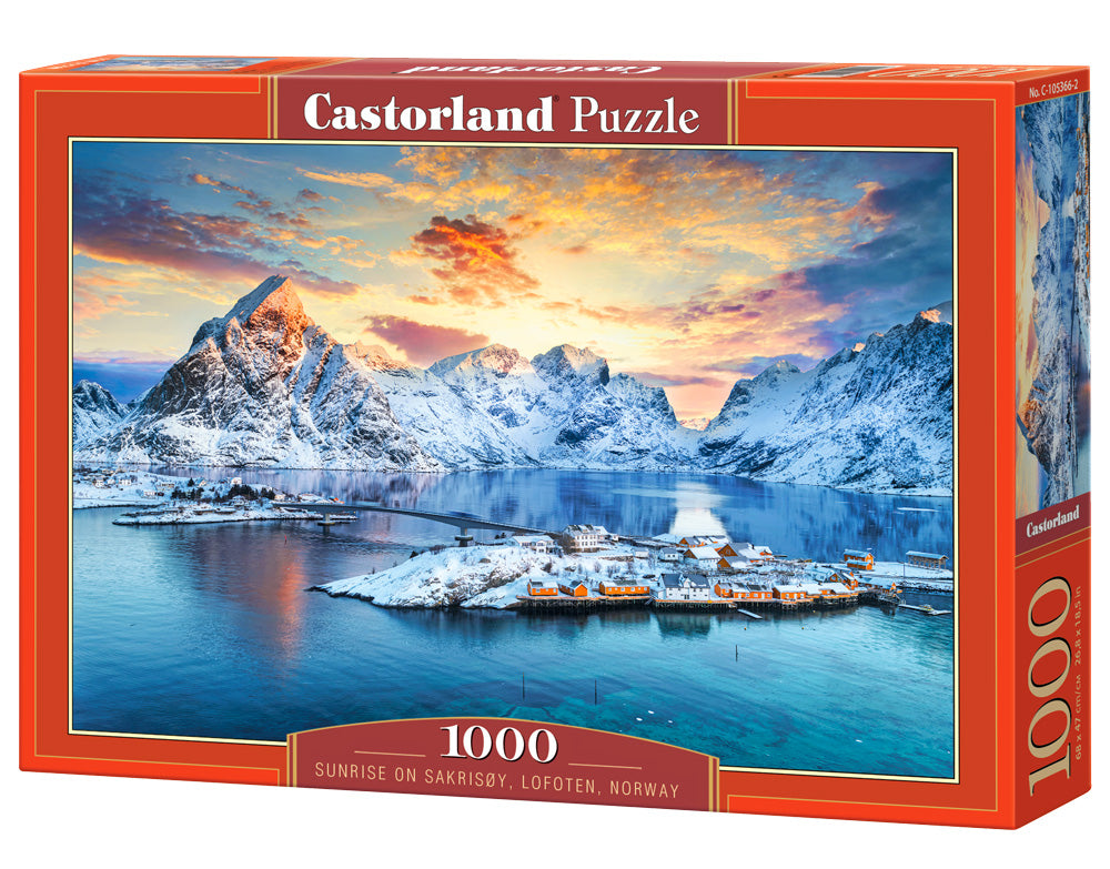 1000 Piece Jigsaw Puzzle, Sunrise on Sakrisøy, Lofoten, Norway, Majestic mountains, Stunning Arctic sunset, Adult Puzzle, Castorland C-105366-2 Bridge Toys - Premium Jigsaw Puzzles