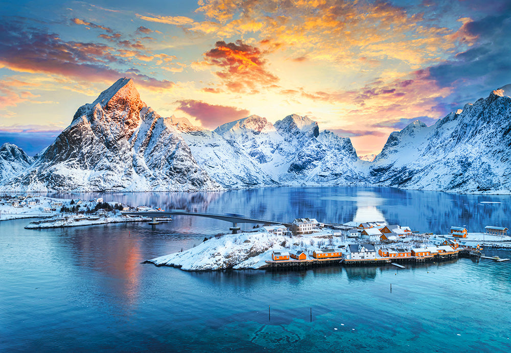 1000 Piece Jigsaw Puzzle, Sunrise on Sakrisøy, Lofoten, Norway, Majestic mountains, Stunning Arctic sunset, Adult Puzzle, Castorland C-105366-2 Bridge Toys - Premium Jigsaw Puzzles