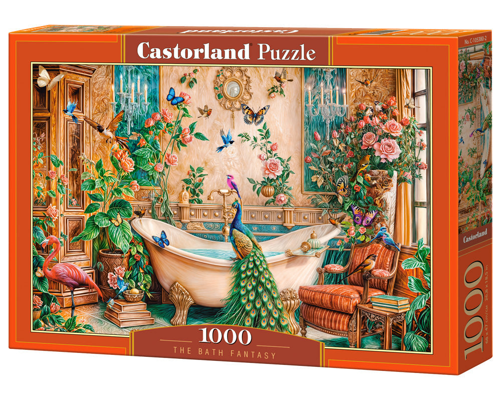 1000 Piece Jigsaw Puzzle, The Bath Fantasy, Luxurious bathroom, Peacock and exotic birds, Ornate, vibrant art., Adult Puzzle, Castorland C-105380-2 Bridge Toys - Premium Jigsaw Puzzles