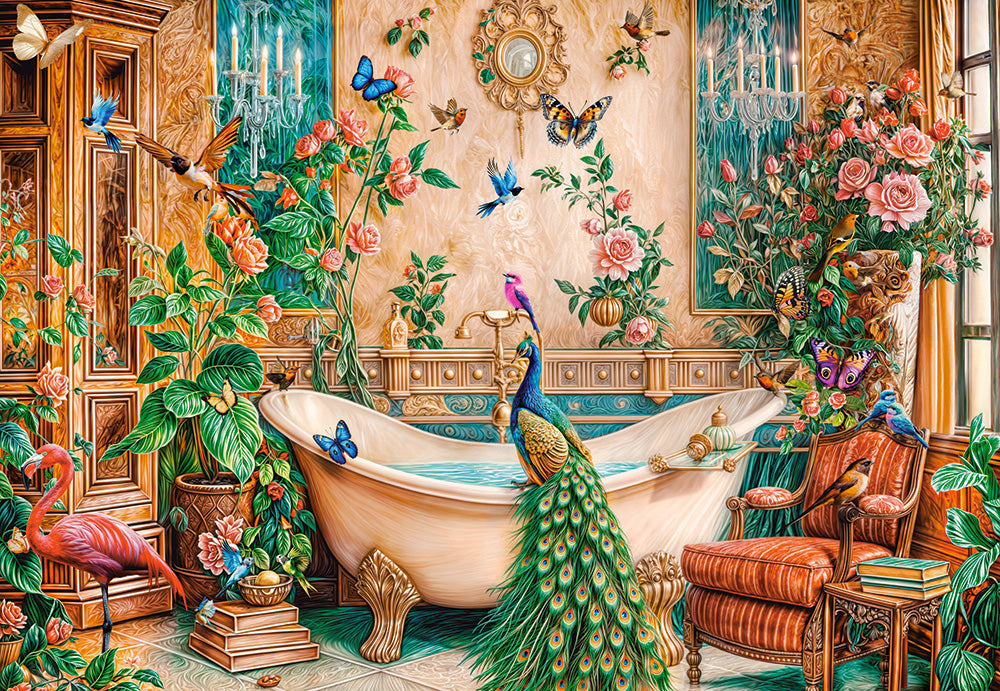 1000 Piece Jigsaw Puzzle, The Bath Fantasy, Luxurious bathroom, Peacock and exotic birds, Ornate, vibrant art., Adult Puzzle, Castorland C-105380-2 Bridge Toys - Premium Jigsaw Puzzles