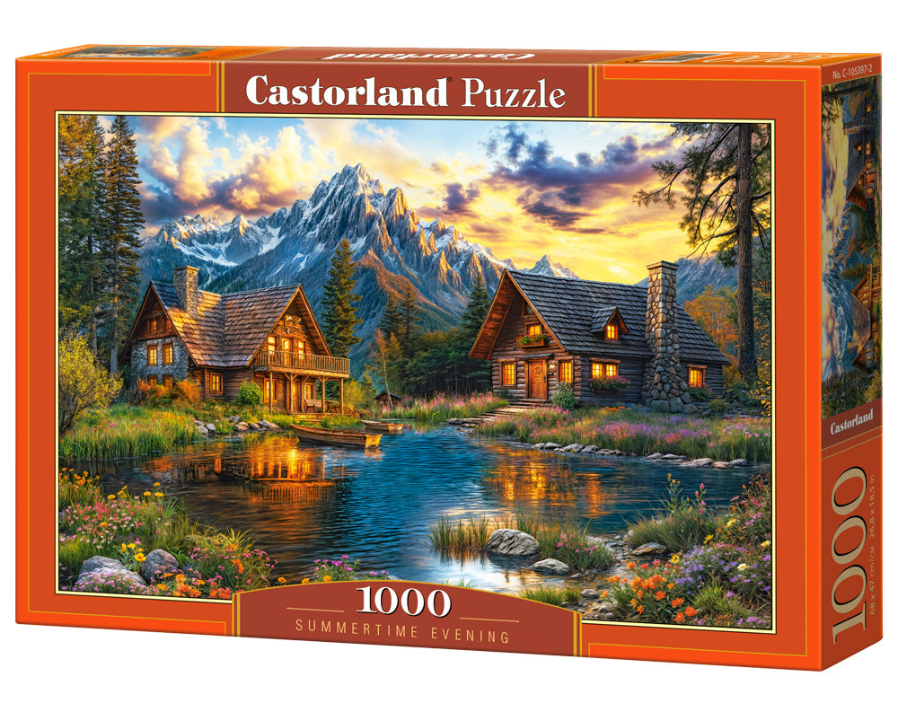 1000 Piece Jigsaw Puzzle, Summertime Evening, Cozy mountain cabins, Peaceful beauty, Sunset, Adult Puzzle, Castorland C-105397-2 Bridge Toys - Premium Jigsaw Puzzles