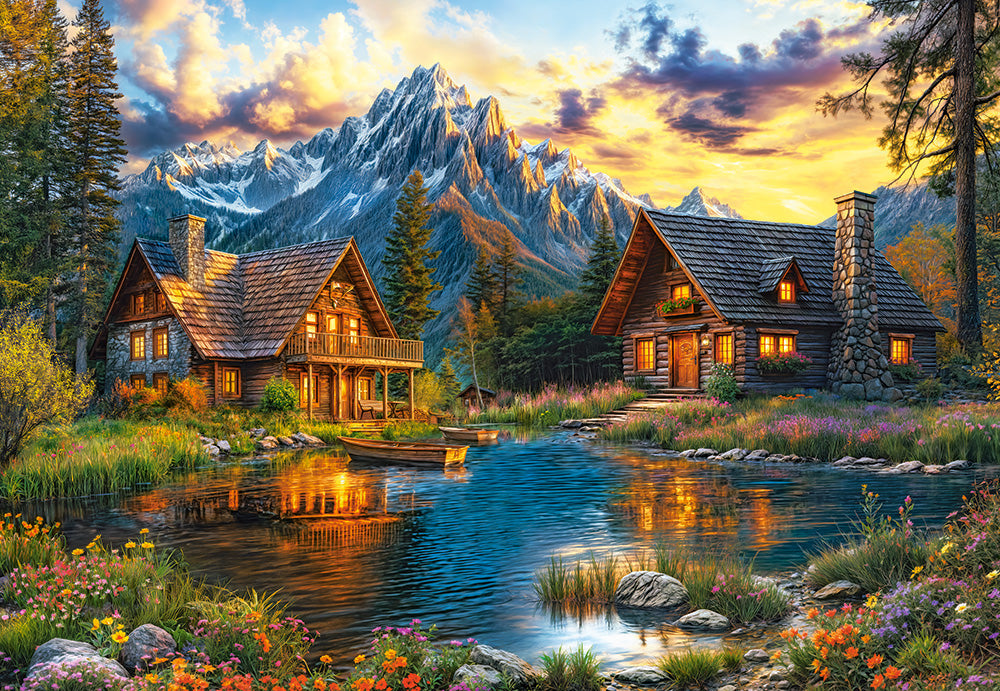 1000 Piece Jigsaw Puzzle, Summertime Evening, Cozy mountain cabins, Peaceful beauty, Sunset, Adult Puzzle, Castorland C-105397-2 Bridge Toys - Premium Jigsaw Puzzles