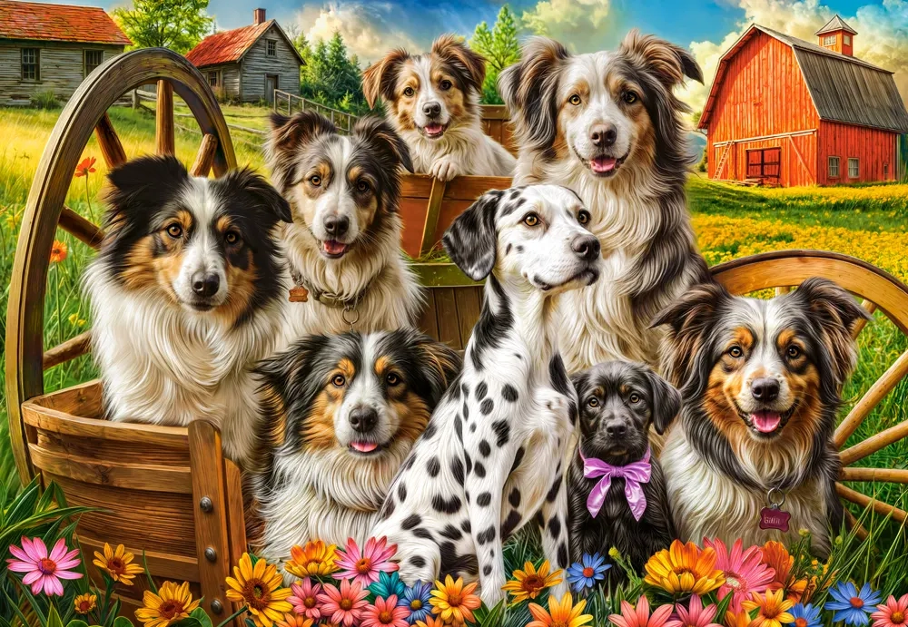 1000 Piece Jigsaw Puzzle, Happy Dogs In The Countryside, Pups in the Meadow, Rustic country puzzle, Adult Puzzle, Castorland C-105410-2 Bridge Toys - Premium Jigsaw Puzzles