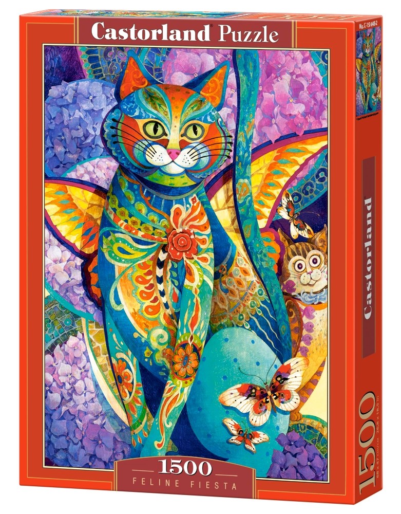 1500 Piece Jigsaw Puzzle, Feline Fiesta, Art. Puzzle, Colorful cat painting, Hydrangeas flowers, Adult Puzzle, Castorland C-151448-2 Bridge Toys - Premium Jigsaw Puzzles