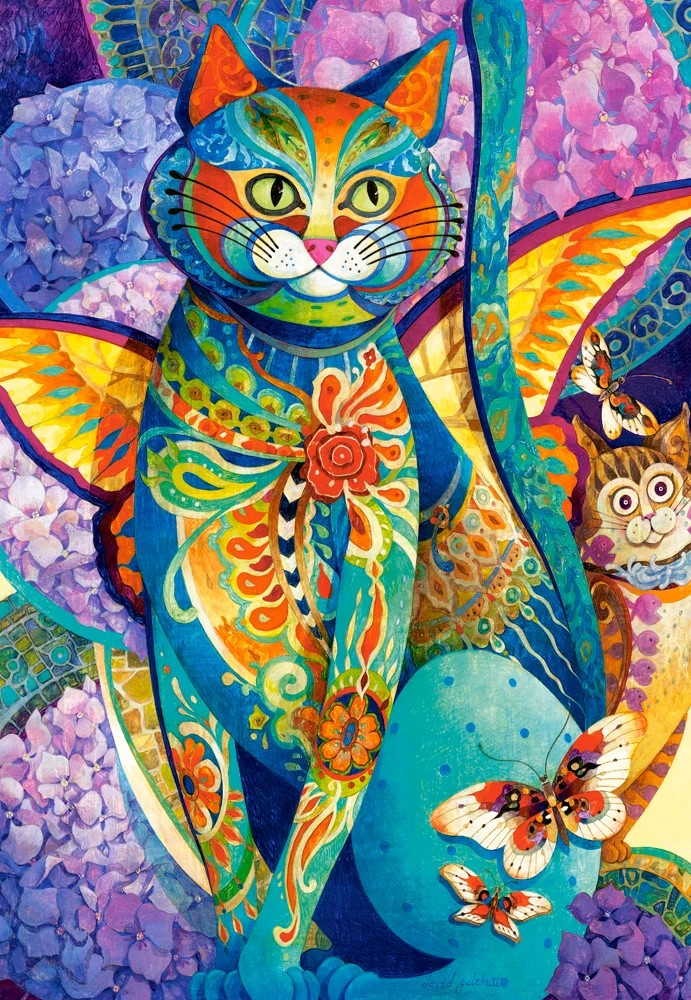 1500 Piece Jigsaw Puzzle, Feline Fiesta, Art. Puzzle, Colorful cat painting, Hydrangeas flowers, Adult Puzzle, Castorland C-151448-2 Bridge Toys - Premium Jigsaw Puzzles