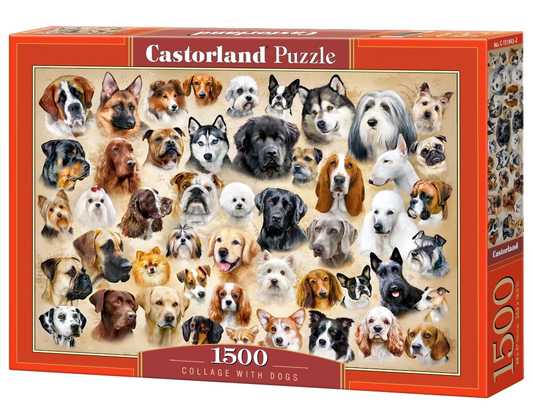 1500 Piece Jigsaw Puzzle, Collage with Dogs, Challenging Multi-Pet Portrait Gallery, puppy collage jigsaw, Adult Puzzle, Castorland C-151943-2 Bridge Toys - Premium Jigsaw Puzzles