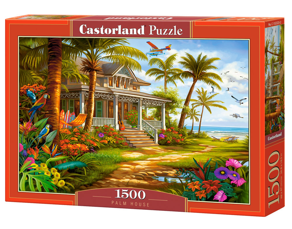 1500 Piece Jigsaw Puzzle, Palm House, Beach house, Colorful flowers, Tropical oasis, Adult Puzzle, Castorland C-152223-2 Bridge Toys - Premium Jigsaw Puzzles