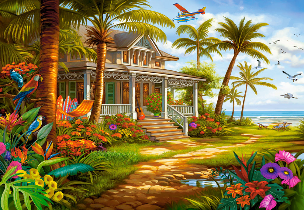 1500 Piece Jigsaw Puzzle, Palm House, Beach house, Colorful flowers, Tropical oasis, Adult Puzzle, Castorland C-152223-2 Bridge Toys - Premium Jigsaw Puzzles