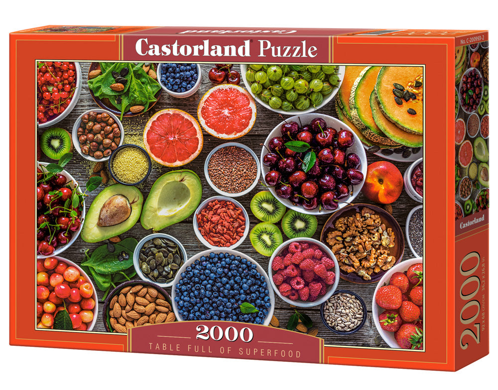 2000 Piece Jigsaw Puzzle, Table Full of Superfood, Food puzzles, Variety of fruits and nuts, Colorful food, "Tasty" puzzles, Adult Puzzle, Castorland C-200993-2 Bridge Toys - Premium Jigsaw Puzzles