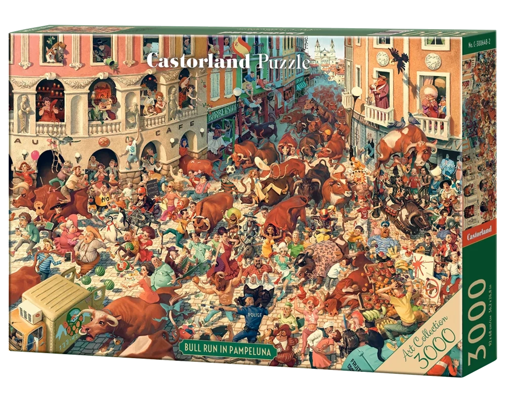 3000 Piece Jigsaw Puzzle, Bull Run in Pampeluna, Art Collection, Busy City Street Cartoon Scene, High Detail Seek and Find, Adult Puzzle, Castorland C-300648-2 Bridge Toys - Premium Jigsaw Puzzles