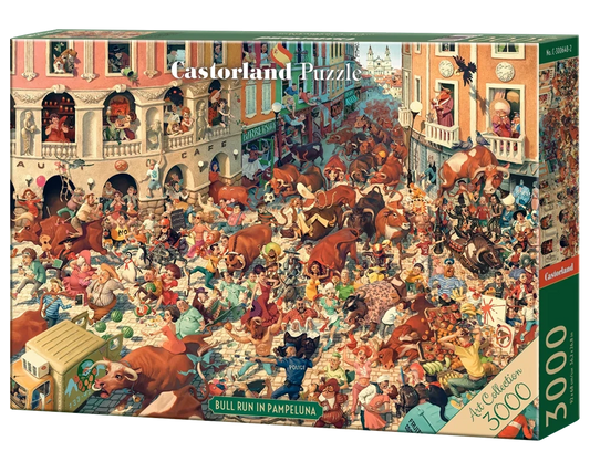 3000 Piece Jigsaw Puzzle, Bull Run in Pampeluna, Art Collection, Busy City Street Cartoon Scene, High Detail Seek and Find, Adult Puzzle, Castorland C-300648-2 Bridge Toys - Premium Jigsaw Puzzles