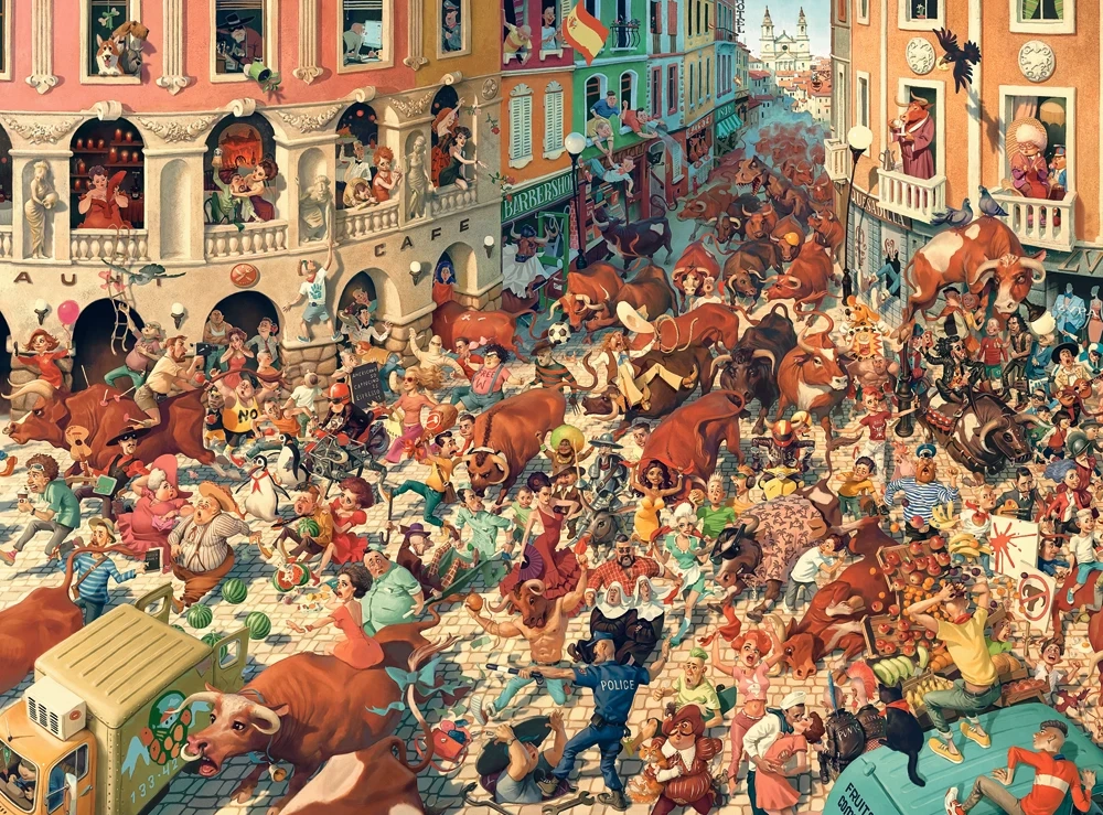3000 Piece Jigsaw Puzzle, Bull Run in Pampeluna, Art Collection, Busy City Street Cartoon Scene, High Detail Seek and Find, Adult Puzzle, Castorland C-300648-2 Bridge Toys - Premium Jigsaw Puzzles
