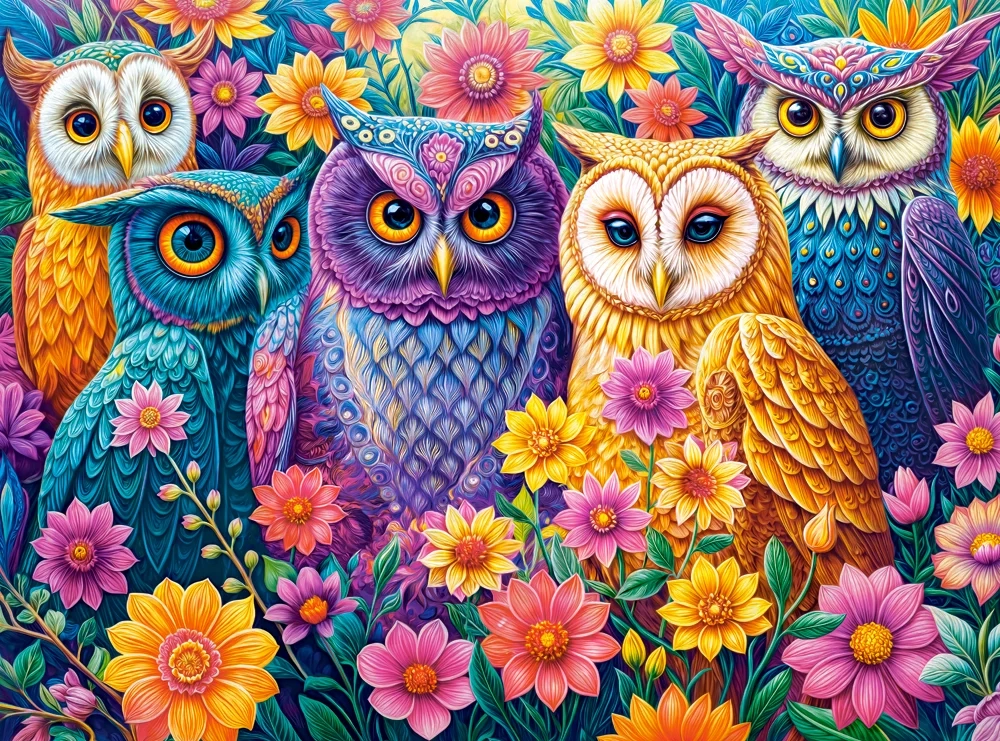 3000 Piece Jigsaw Puzzle, Flower Owl Meeting, Vibrant Colorful Owl Garden, Whimsical Folk Art Bird Scene, Adult Puzzle, Castorland C-300723-2 Bridge Toys - Premium Jigsaw Puzzles