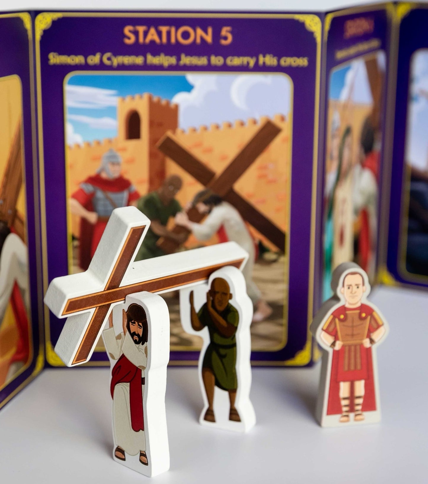 Stations of the Cross Playset: Wooden figures featuring Brother Francis. A Catholic religious toy for kids to learn about Jesus' sacrifice.