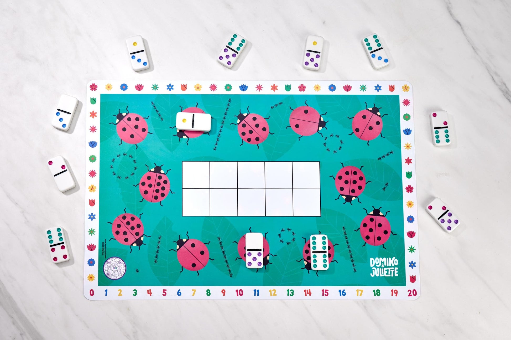 Domino Juliette Math Learning Game Placemat with Ladybugs and Dominoes on a Table