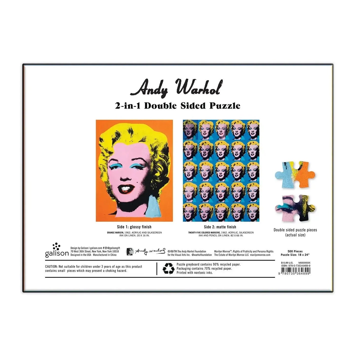 Andy Warhol Marilyn Double-Sided 500 Piece Jigsaw Puzzle Galison