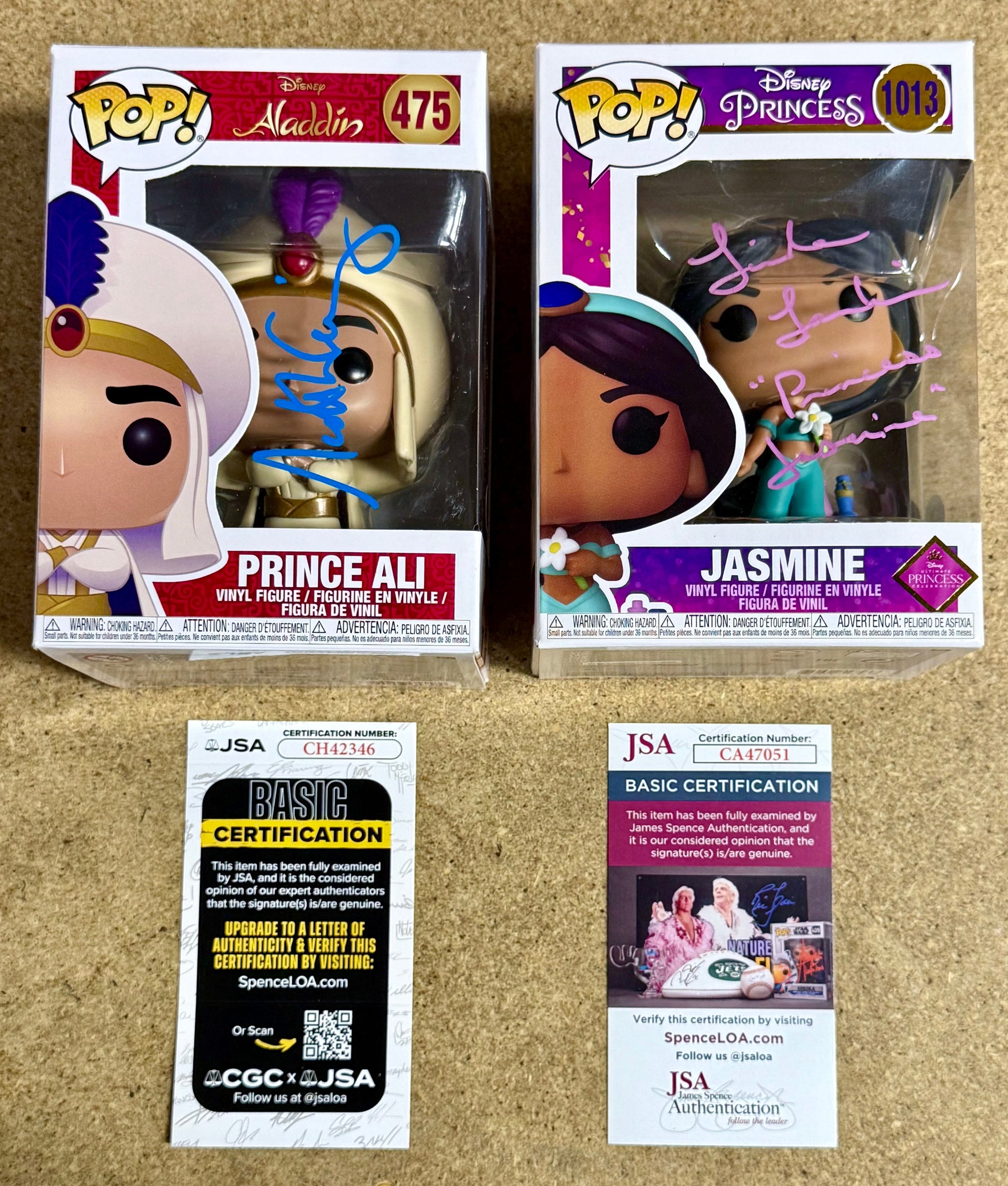 Linda Larkin & Scott Weinger Signed Disney Aladdin (Prince Ali) & Princess Jasmine Funko Pop! With JSA COA Mustang Comics