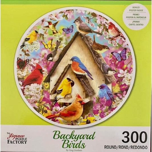 Busy Birdhouse Backyard Birds 300 Piece Round Jigsaw Puzzle Leap Year Puzzle Merchant