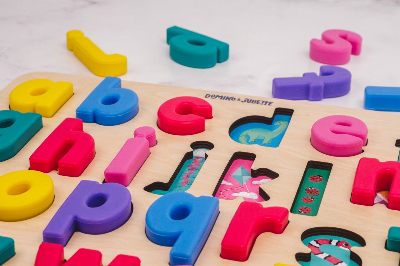 Domino & Juliette Alphabet Puzzle: Wooden board with colorful silicone letters for toddler learning