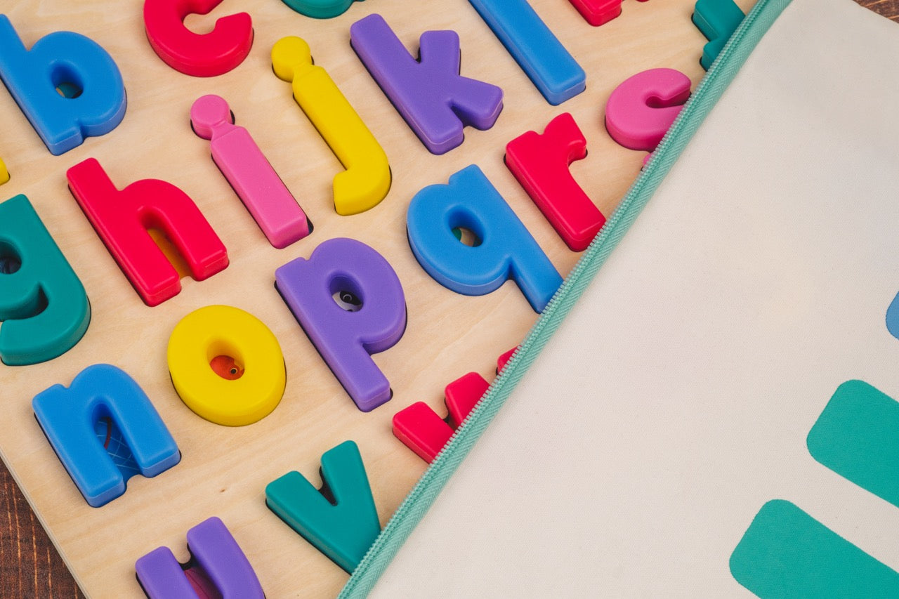 Alphabet Puzzle: Silicone Lowercase Letters on Wood Board with Storage Bag - Early Learning Toy for Toddlers, BPA-Free, Sensory Play