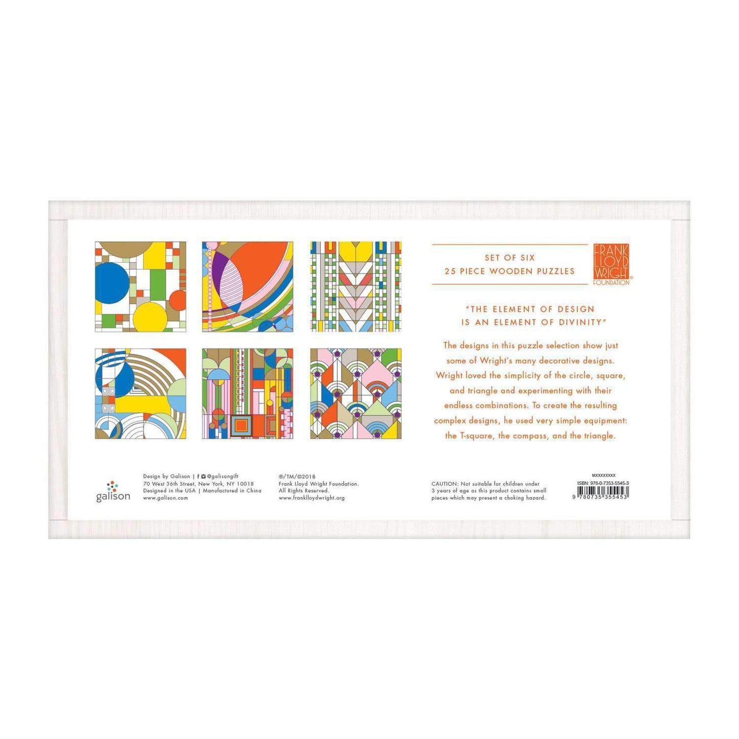 Frank Lloyd Wright Set of 6 25 Piece Wood Jigsaw Puzzle Galison