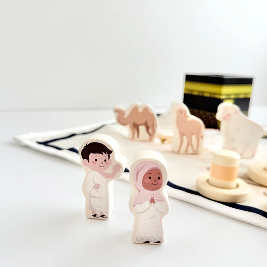 HAJJ RITES BLOCKS + PLAY MAT by Puzzle Planet: Islamic educational toy for kids, Hajj pilgrimage learning with wooden figures.