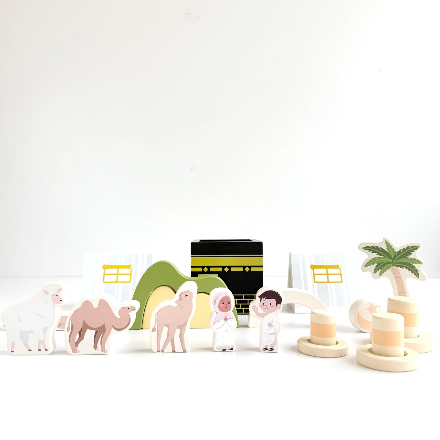 Hajj Rites Wooden Blocks Set: Kaaba, People, Animals & Play Mat - Puzzle Planet Educational Islamic Toy