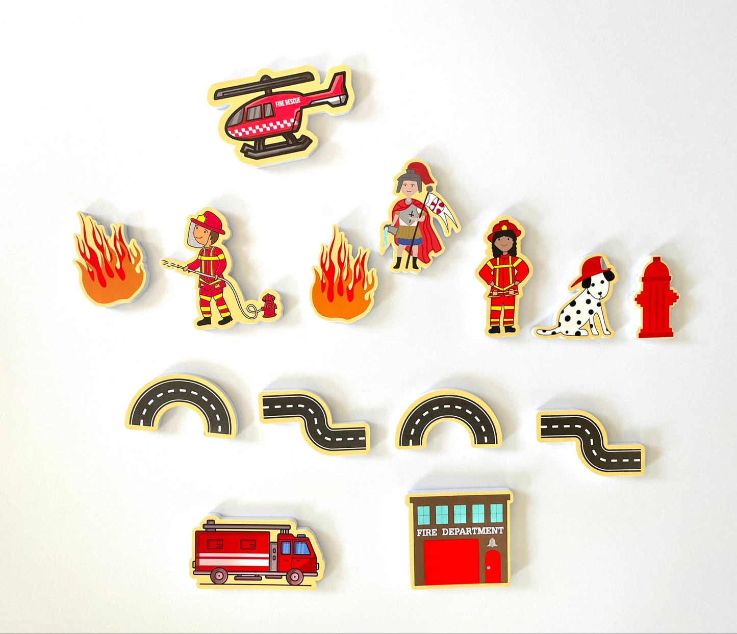 St. Florian Firefighter Bath Toy Set: Catholic foam toys with firefighter, firetruck, & dog for bath time fun by Puzzle Planet!