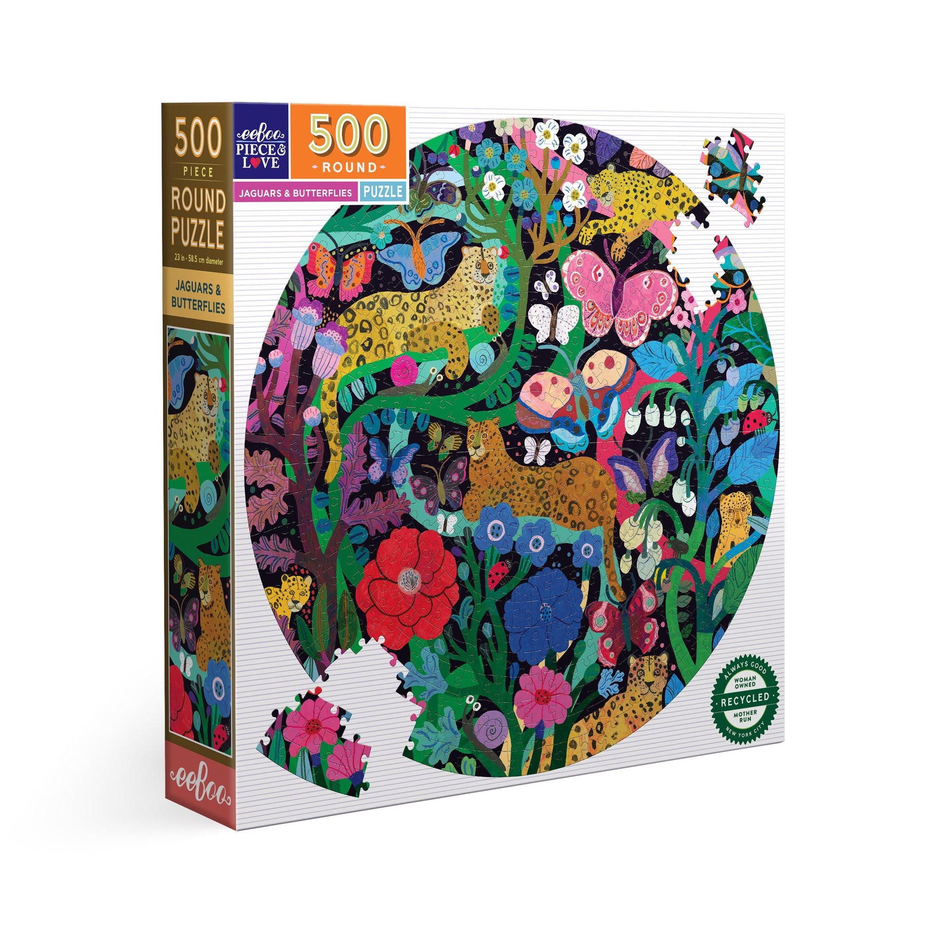 Jaguars & Butterflies 500 Piece Round Jigsaw Puzzle eeBoo Puzzle Merchant