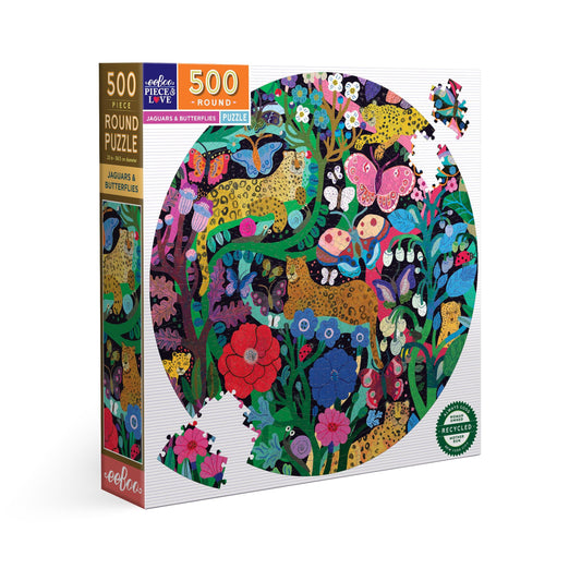 Jaguars & Butterflies 500 Piece Round Jigsaw Puzzle eeBoo Puzzle Merchant