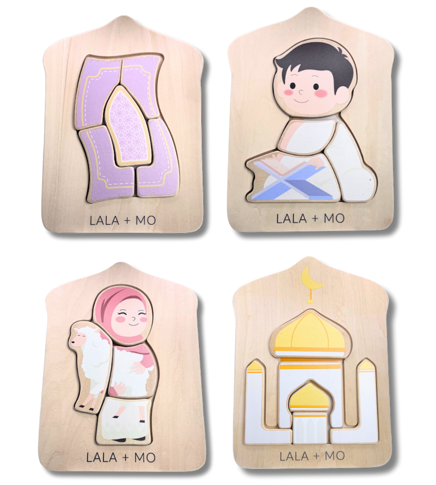 Islamic Wooden Puzzles Set: Educational toys for Muslim kids! Featuring prayer mat, boy reading Quran, girl with sheep, & a mosque.
