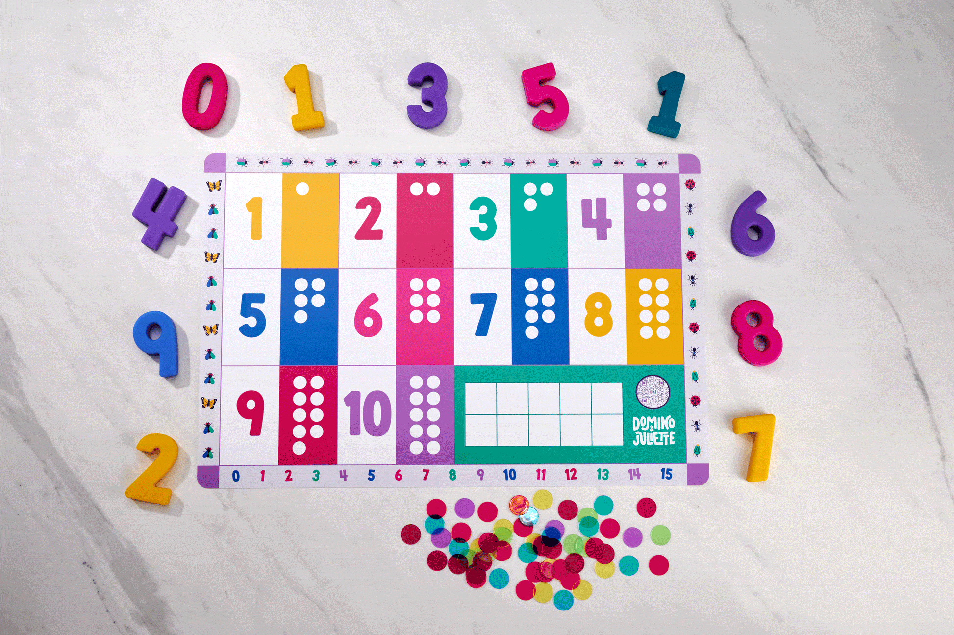 Colorful Math Learning: Number Blocks, Counting Board, & Rainbow Chips for Early Education. Domino Juliette educational game.