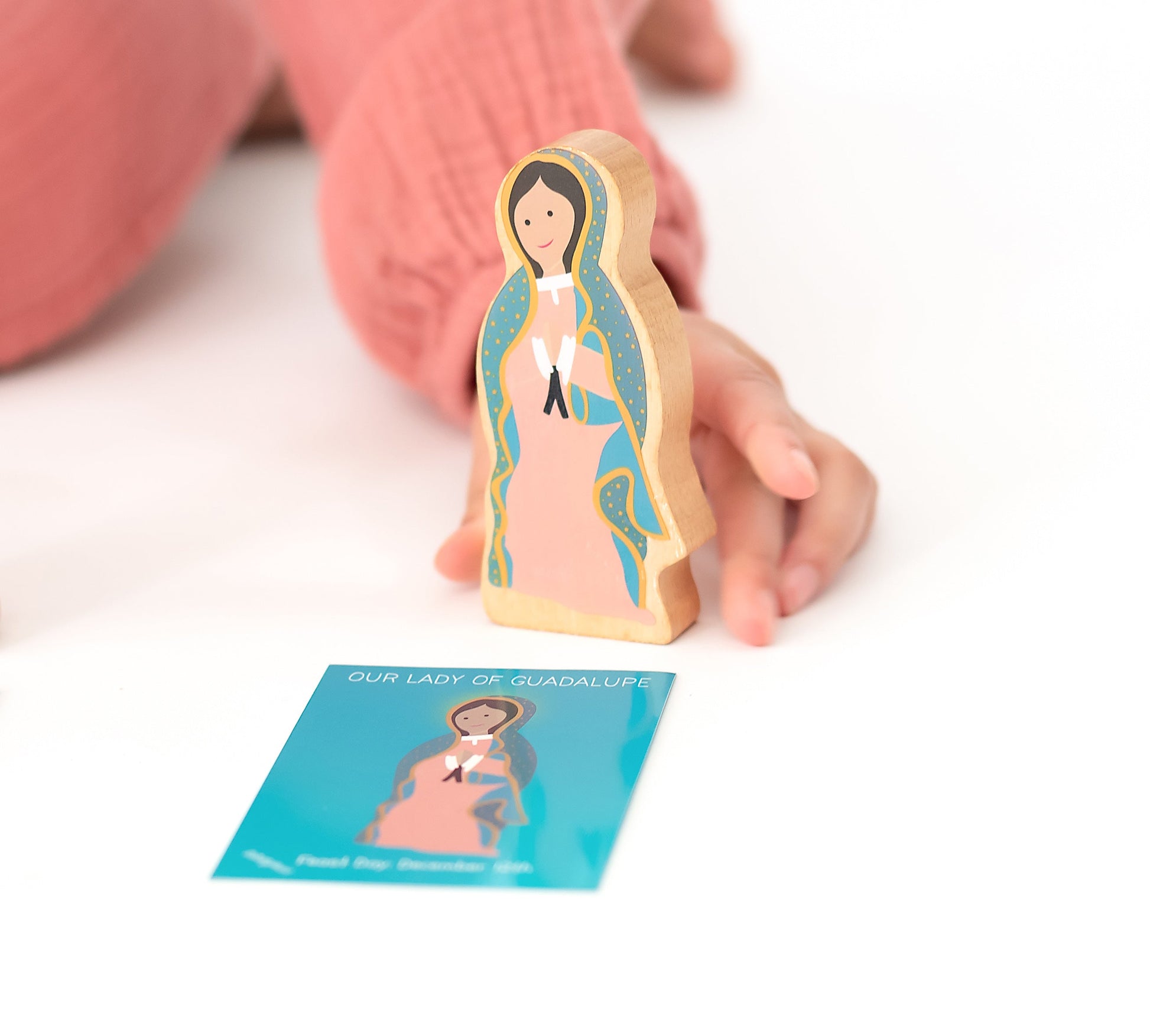 Our Lady of Guadalupe wooden saint figure and card. Catholic toy for kids, religious gift. Eco-friendly. Puzzle Planet.