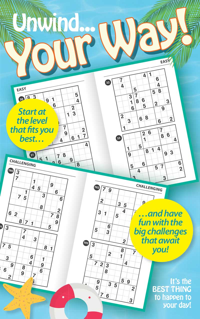 World's Best Puzzles - Sudoku: 293 Puzzles, Summer Edition, 5 Levels Of Difficulty, Pool Day Activity, Vacation Relaxation, Family Fun, Unwind, Unplug, De-Stress, Mind-Boosting, Self-Care & Solve! Magazine Shop US
