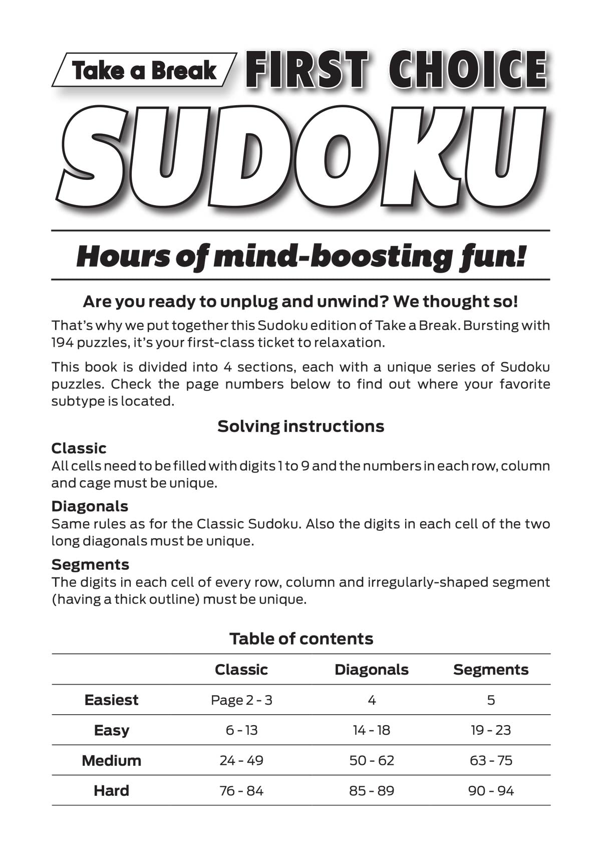 Take a Break - First Choice Sudoku 25.08.01: Large Print, Over 190 Puzzles, Classics, Diagonals, Segment Puzzles, Relax & Unwind, Fun For Everyone & More! Magazine Shop US
