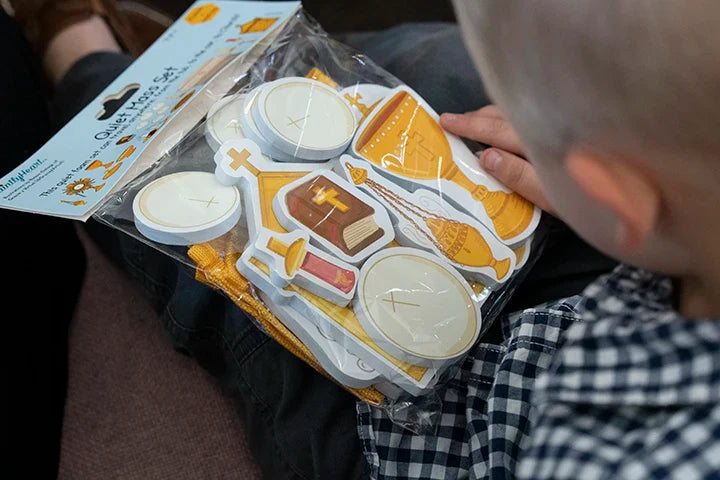 Quiet Mass Set Catholic Toy: Religious Education for Children. Church Vessels, Chalice, Hosts, and Bible Included.