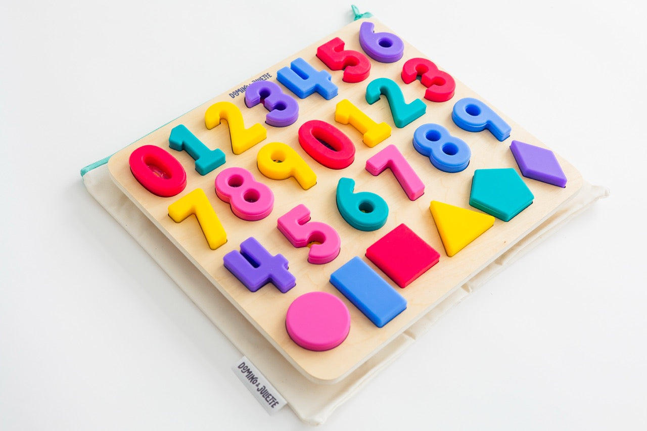 Colorful number & shape puzzle for toddlers. Wooden educational toy for fine motor skills. Domino & Juliette 123 puzzle.