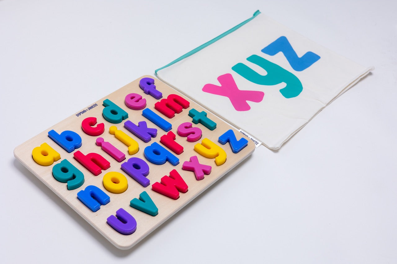 XYZ Find & Fit Puzzle: Lowercase Alphabet Wooden Learning Toy with Silicone Pieces & Canvas Bag by Puzzle Planet