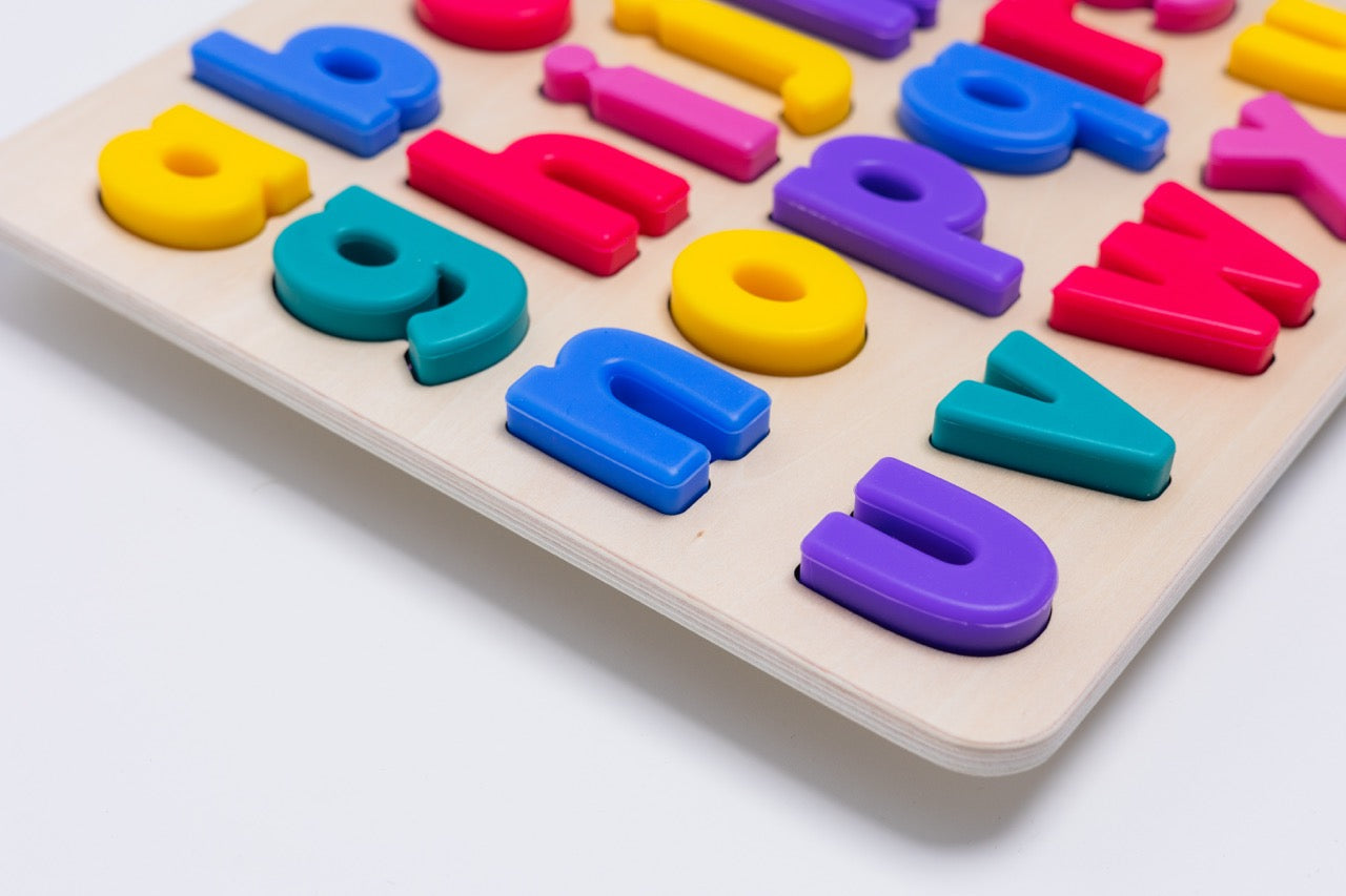 Alphabet Puzzle: Colorful Silicone Letters on Wooden Board | Puzzle Planet