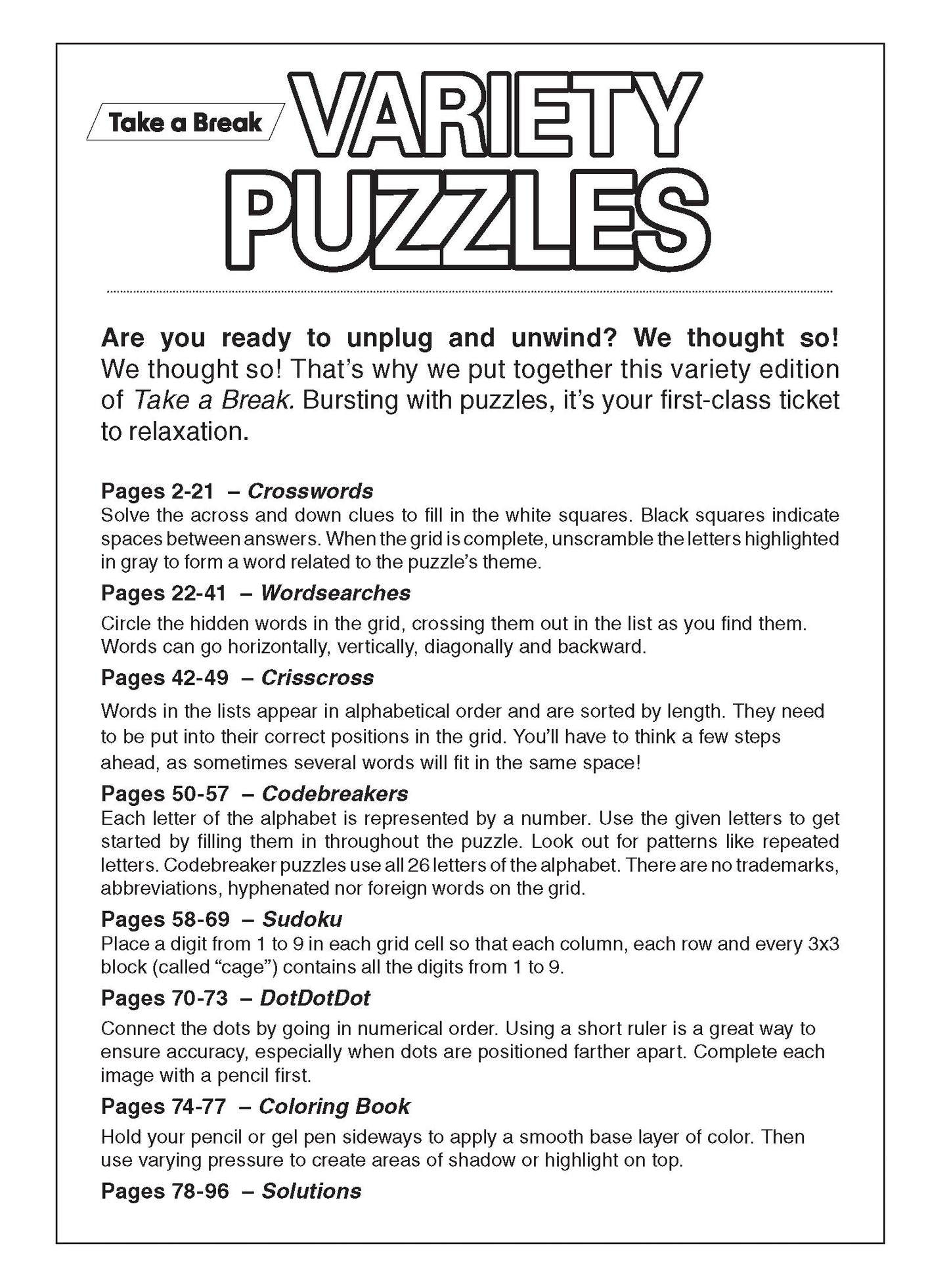 Variety Puzzles Large Print - Vo. 1 / Issue 2: Unplug and Unwind! Adult Activity Book: Easy and Fun with over 100+ Puzzles! Magazine Shop US