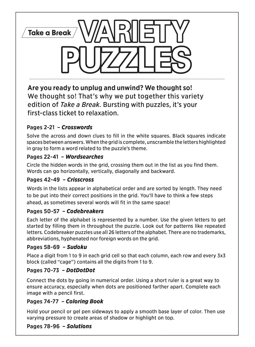Take a Break - Variety Puzzles (Large Print): 100+ Puzzles, Adult Activity Book, Easy & Fun, Sudoku, Word Search, Crossword, Dot-To-Dot, Coloring, CrissCross, Relax, Unwind, Unplug, De-Stress & Solve! Magazine Shop US