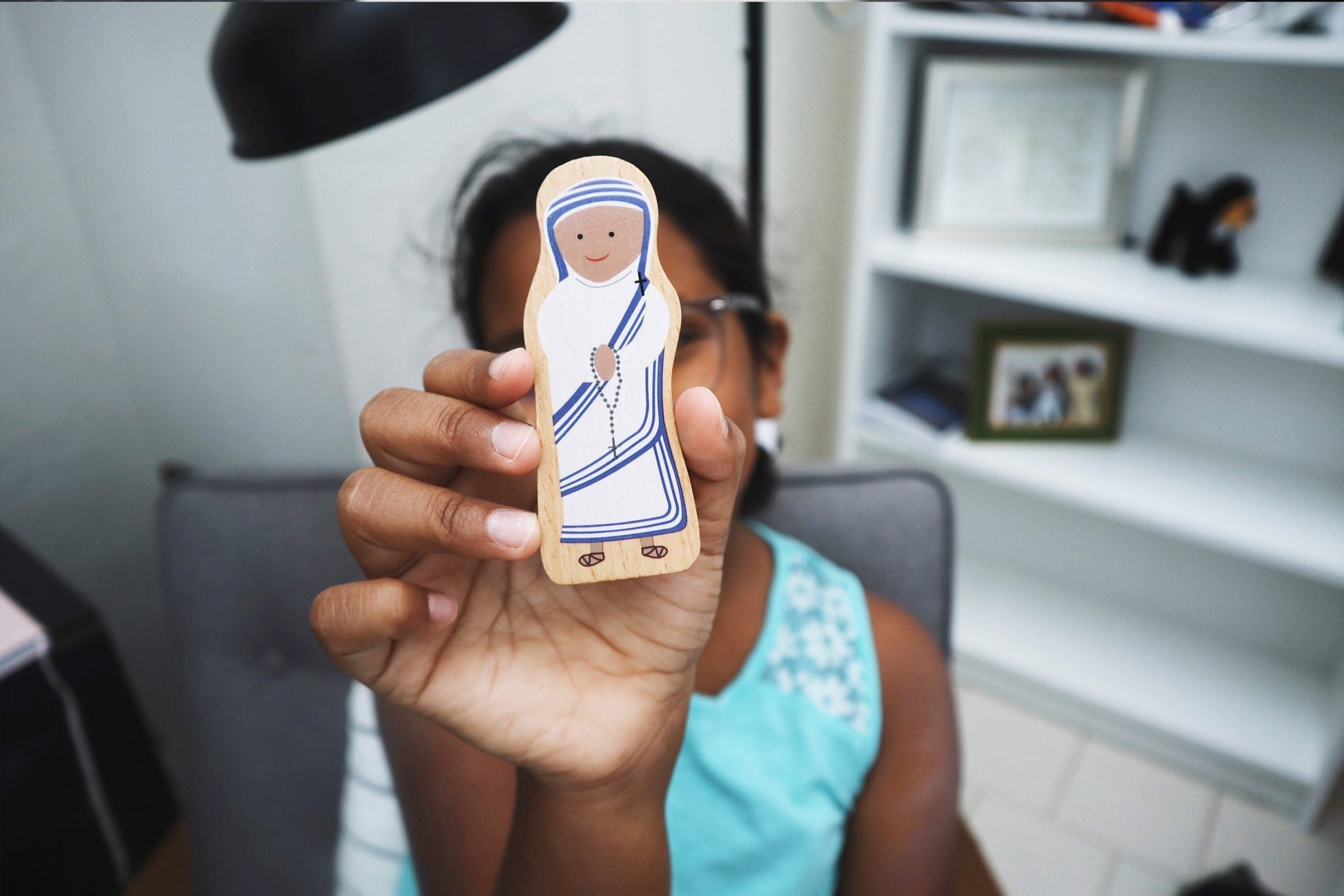 Child Holding Mother Teresa Wooden Toy, World Charity Set Puzzle Planet. Saint Toy.