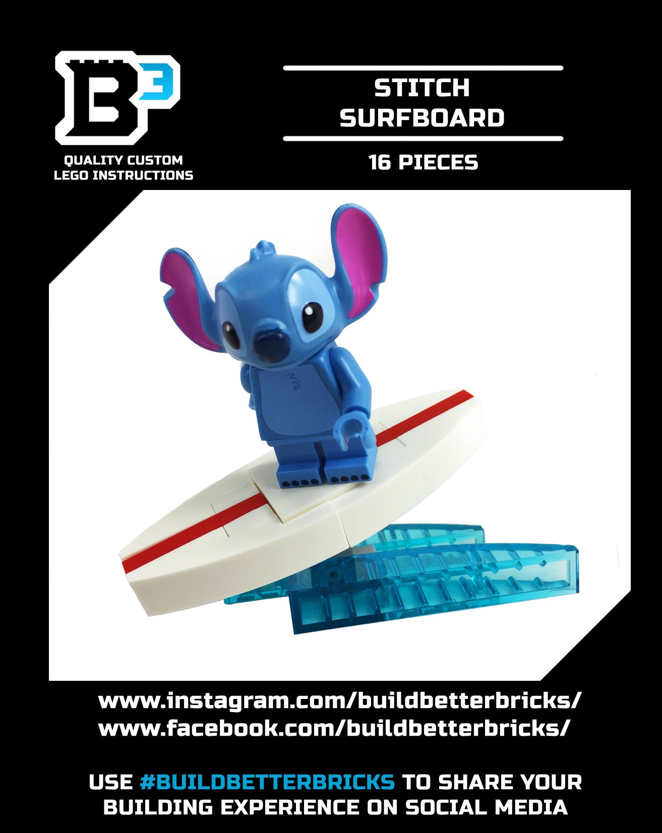 Surf's Up! Stitch LEGO Minifigue with custom Surfboard B3 Customs