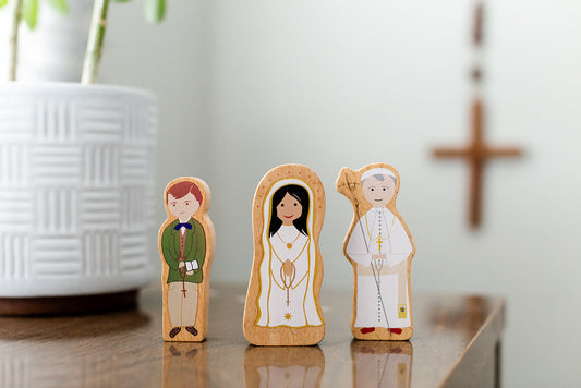 Catholic Saints Wooden Toys: Totus Tuus Set - Our Lady of Fatima, Saint John Paul II, Saint Dominic Savio figures