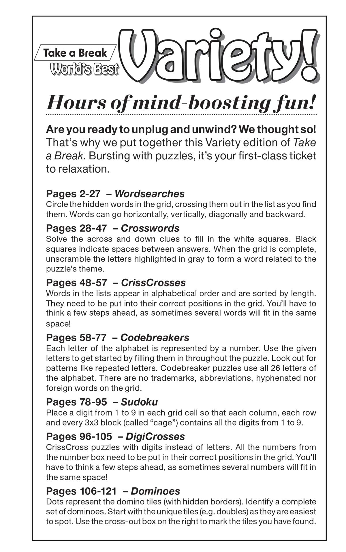 Take a Break - Variety Puzzles (Large Print): 100+ Fun Filled Activity Pages, Wordsearch, Crossword, DigiCrosses, Codebreakers, Sudoku, Dominoes, CrissCross, Family Fun, Relax, Unwind, Unplug & Solve! Magazine Shop US