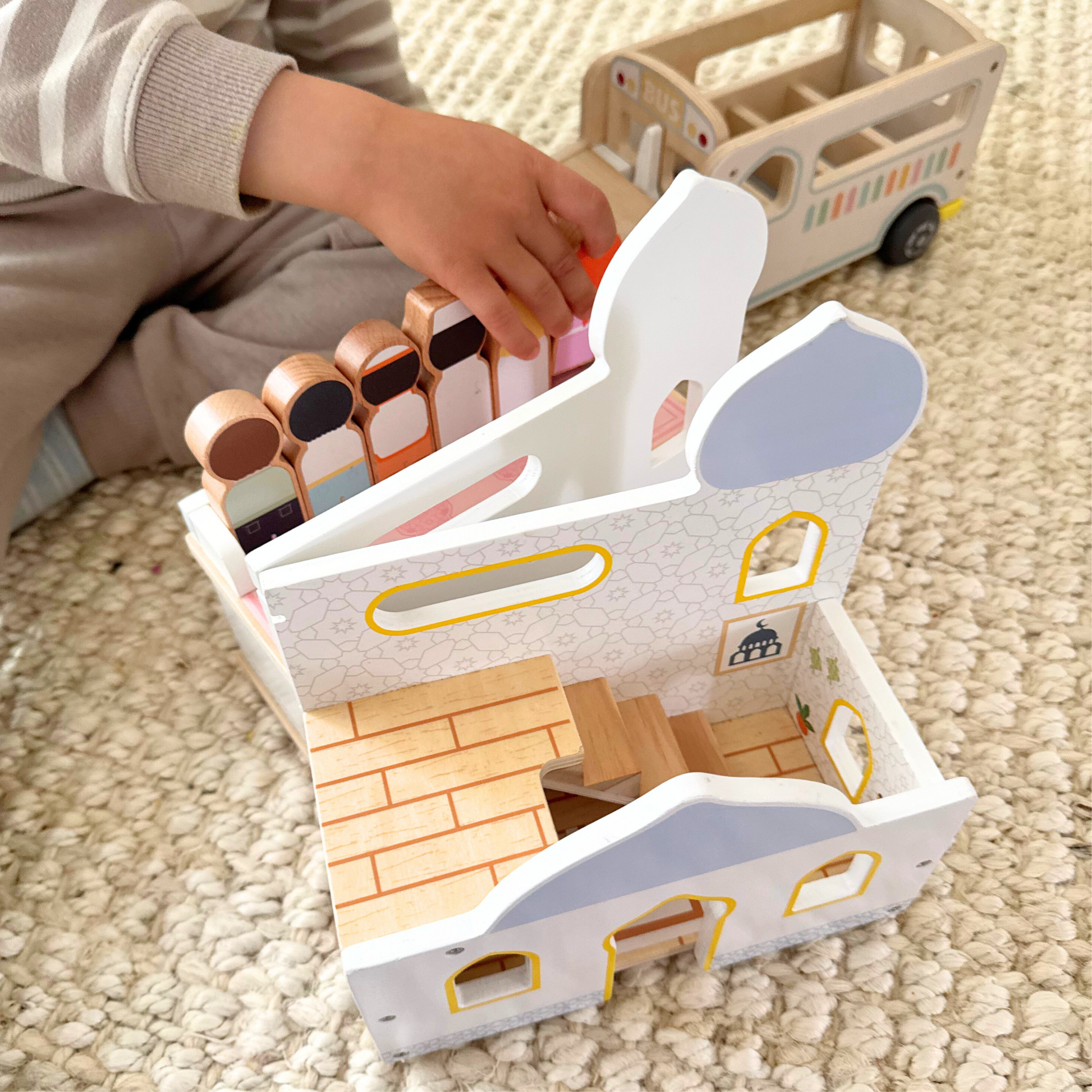 Child Playing with Masjid Dollhouse: Islamic Toy Mosque for Creative Play & Cultural Learning
