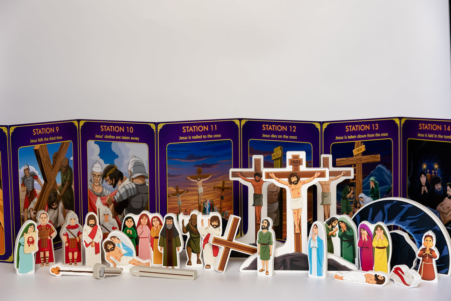 Stations of the Cross play set for kids: Catholic learning toy with Brother Francis figures. Educational wooden toy for Lent.