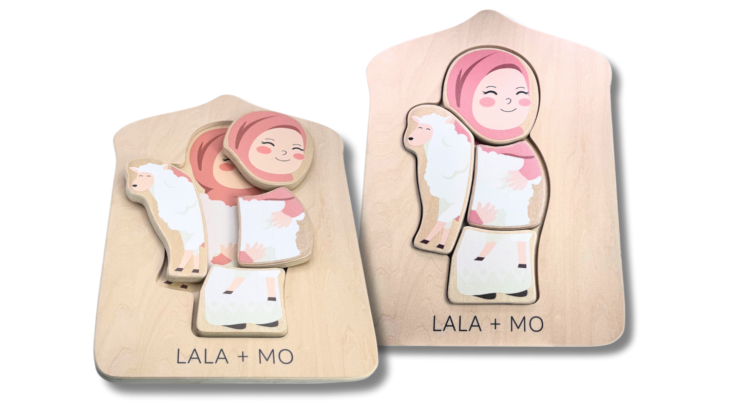 Lala + Mo Islamic Wooden Puzzle: Muslim Girl with Sheep, Educational Children's Toy